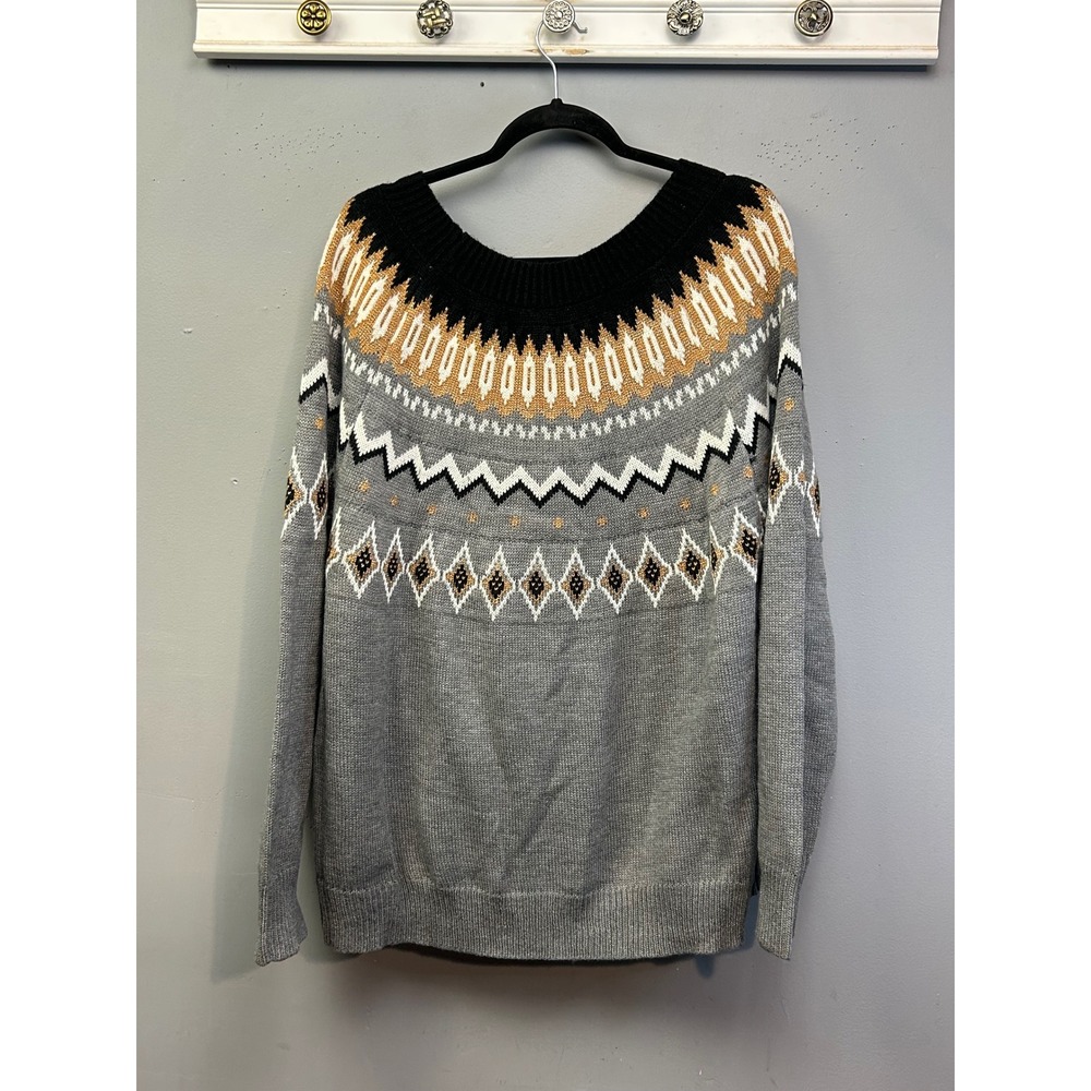 Crown & Ivy Sweater Women 3X Grey Fair Isle Metallic Scoop Neck Long Sleeve - Picture 2 of 7